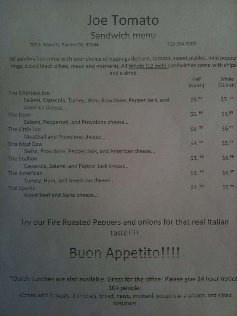 Menu at Joe Tomato fast food, Pueblo