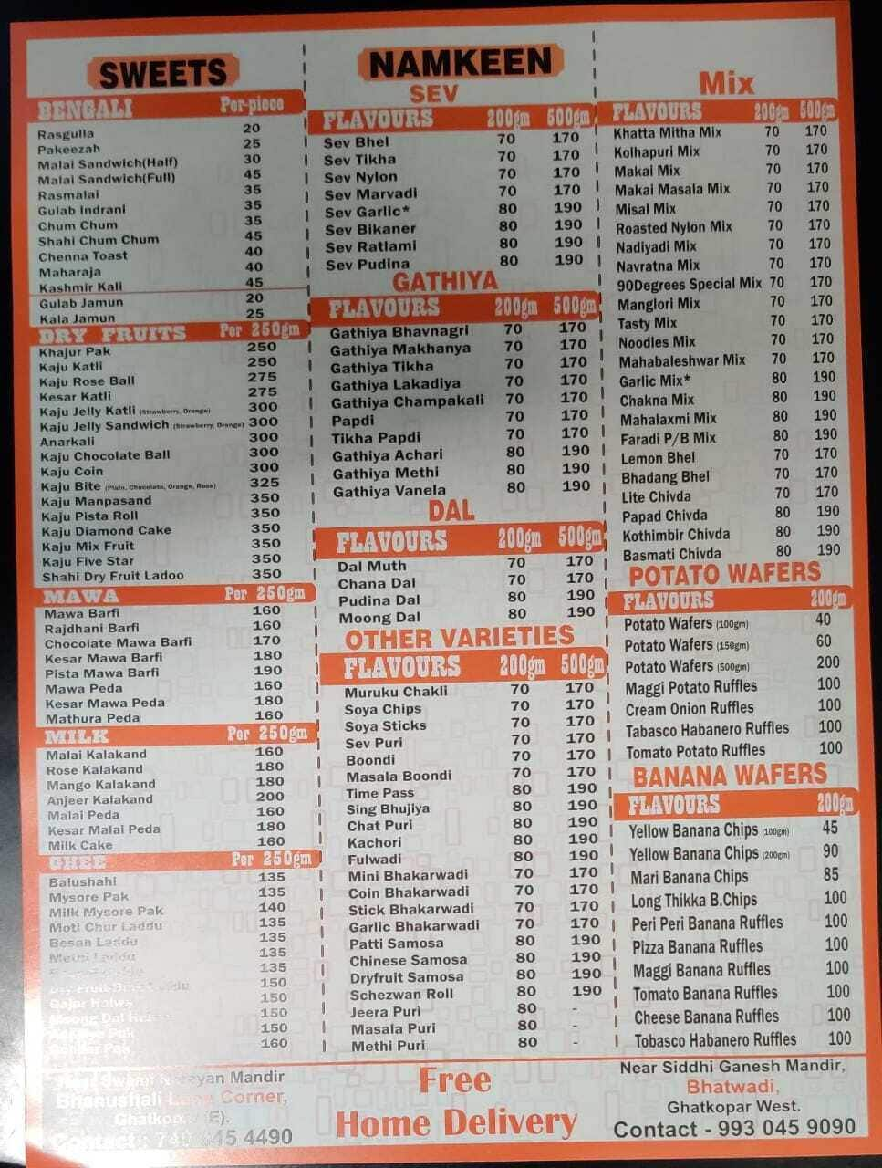 Menu of Ninety Degrees, Ghatkopar West, Mumbai