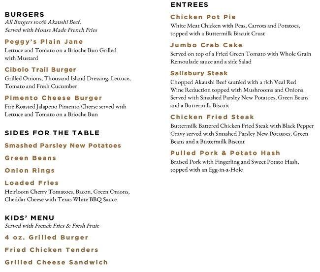 Menu at Peggy's on the Green steakhouse, Boerne