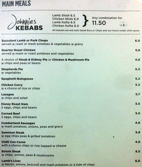 Menu at Johnnie cafe, London