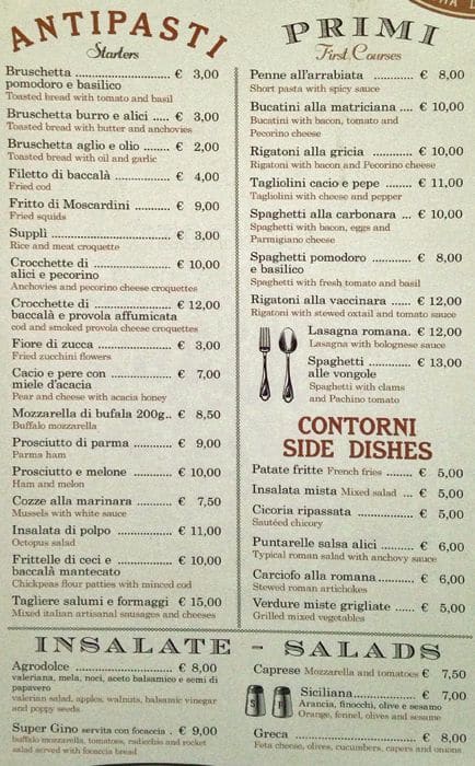 Menu di Gino in Trastevere 