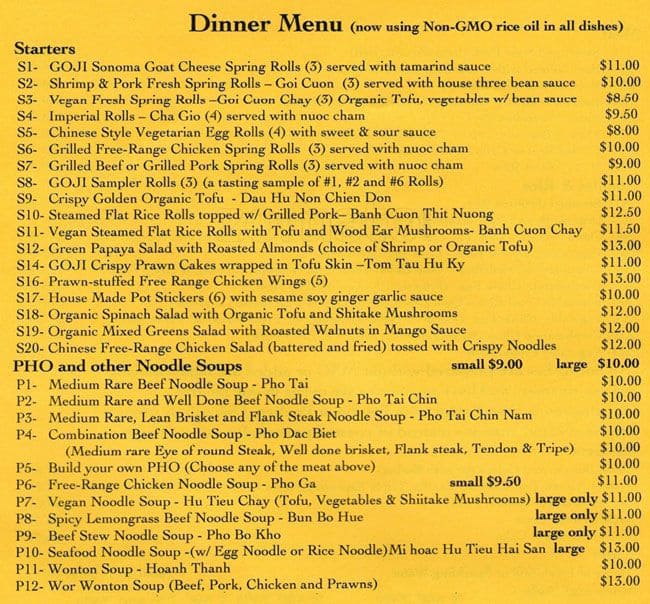Menu at GoJi Kitchen restaurant, Santa Rosa