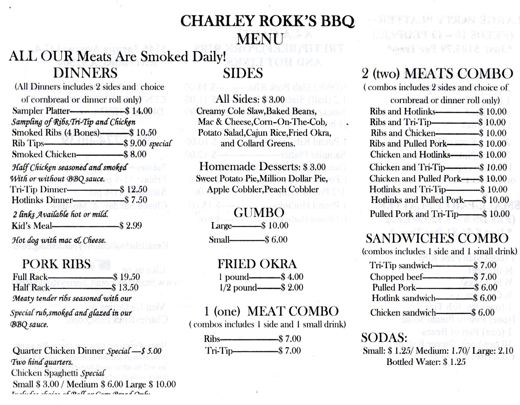 Menu at Charley Rokk's Authentic Texas BBQ, Riverside