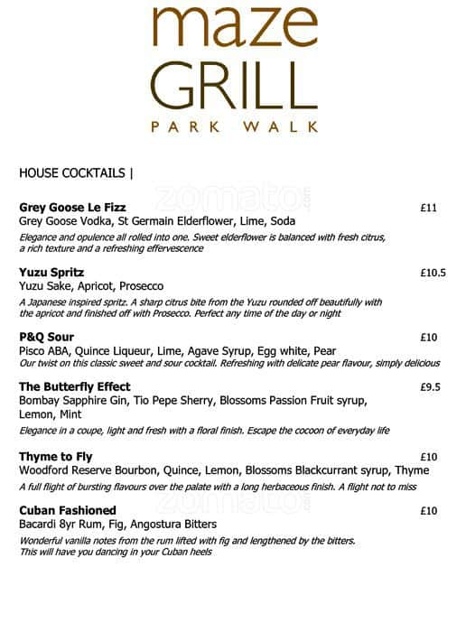 Menu at Maze Grill steakhouse, London, 11 Park Walk Chelsea