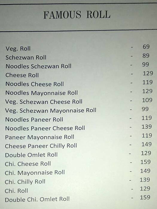 Menu of Famous Roll, Chembur, Mumbai