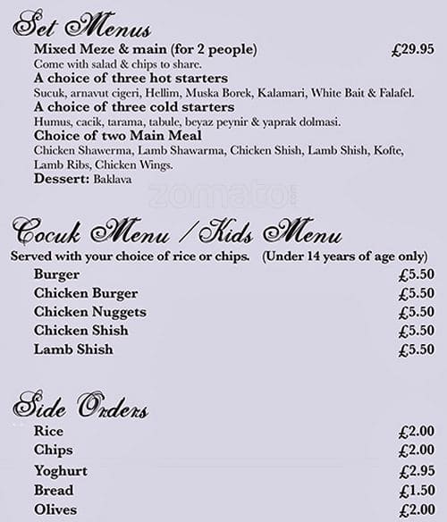 Menu at Ottoman restaurant, London, 193 Fulham Palace Rd