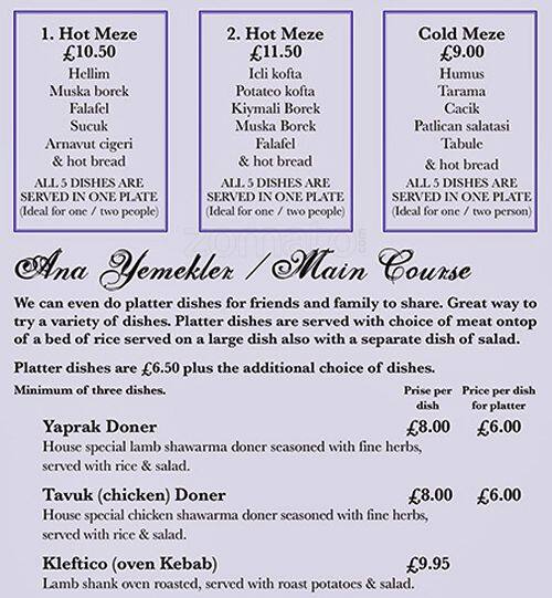 Menu at Ottoman restaurant, London, 193 Fulham Palace Rd