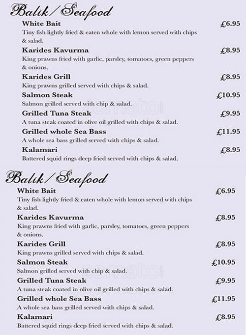 Menu at Ottoman restaurant, London, 193 Fulham Palace Rd