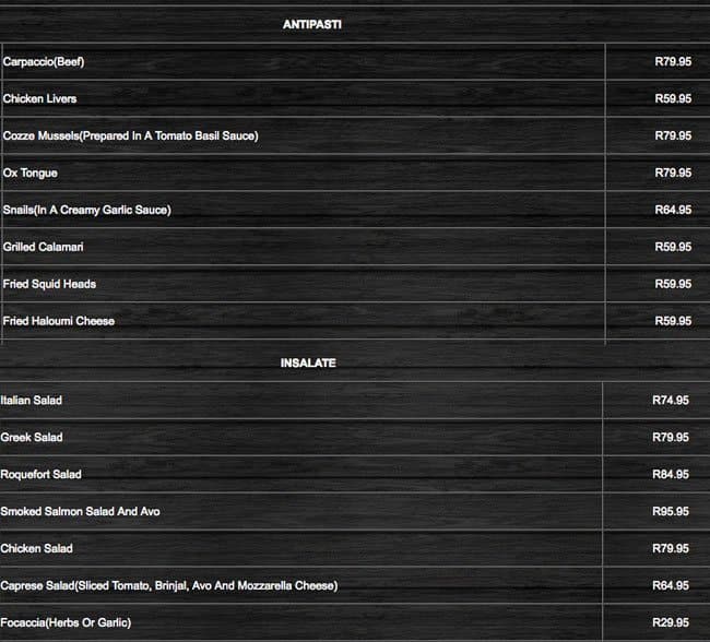 Menu at Giovanni Pasta Fagioli restaurant, Johannesburg