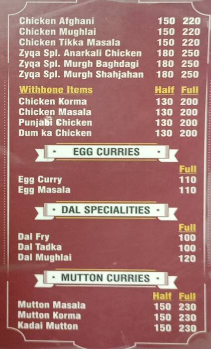 Hyd Zyqa Restaurant menu