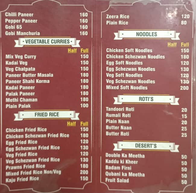 Hyd Zyqa Restaurant menu