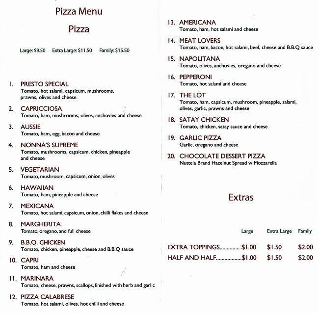 Presto Pizza a Melbourne Foto del Menu con Prezzi Urbanspoon/Zomato