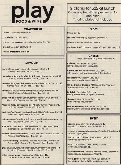 Play Food & Wine Menu, Menu for Play Food & Wine, ByWard Market, Ottawa