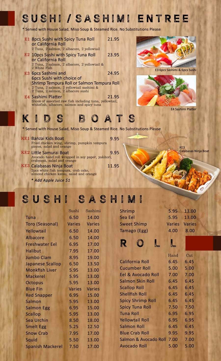 Menu at Banzai Sushi restaurant, Calabasas