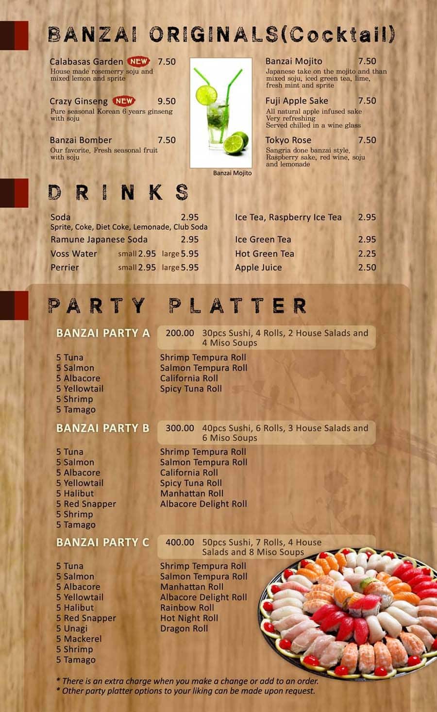 Menu at Banzai Sushi restaurant, Calabasas