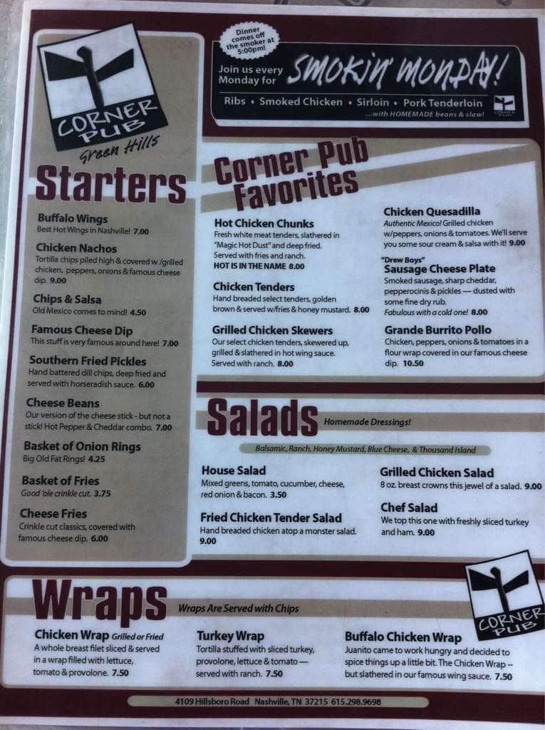 Corner Pub, Green Hills a Nashville Foto del Menu con Prezzi