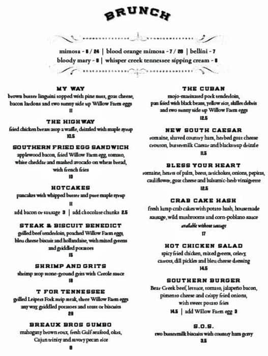 Menu at The Southern Steak & Oyster steakhouse, Nashville