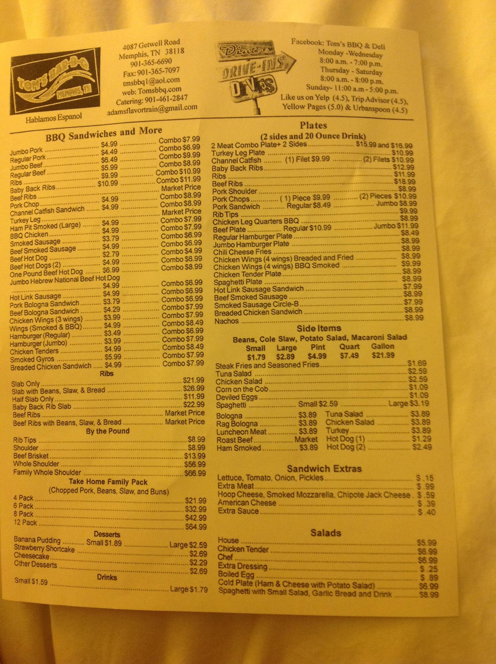 Tom's BarBQ & Deli Menu Urbanspoon/Zomato