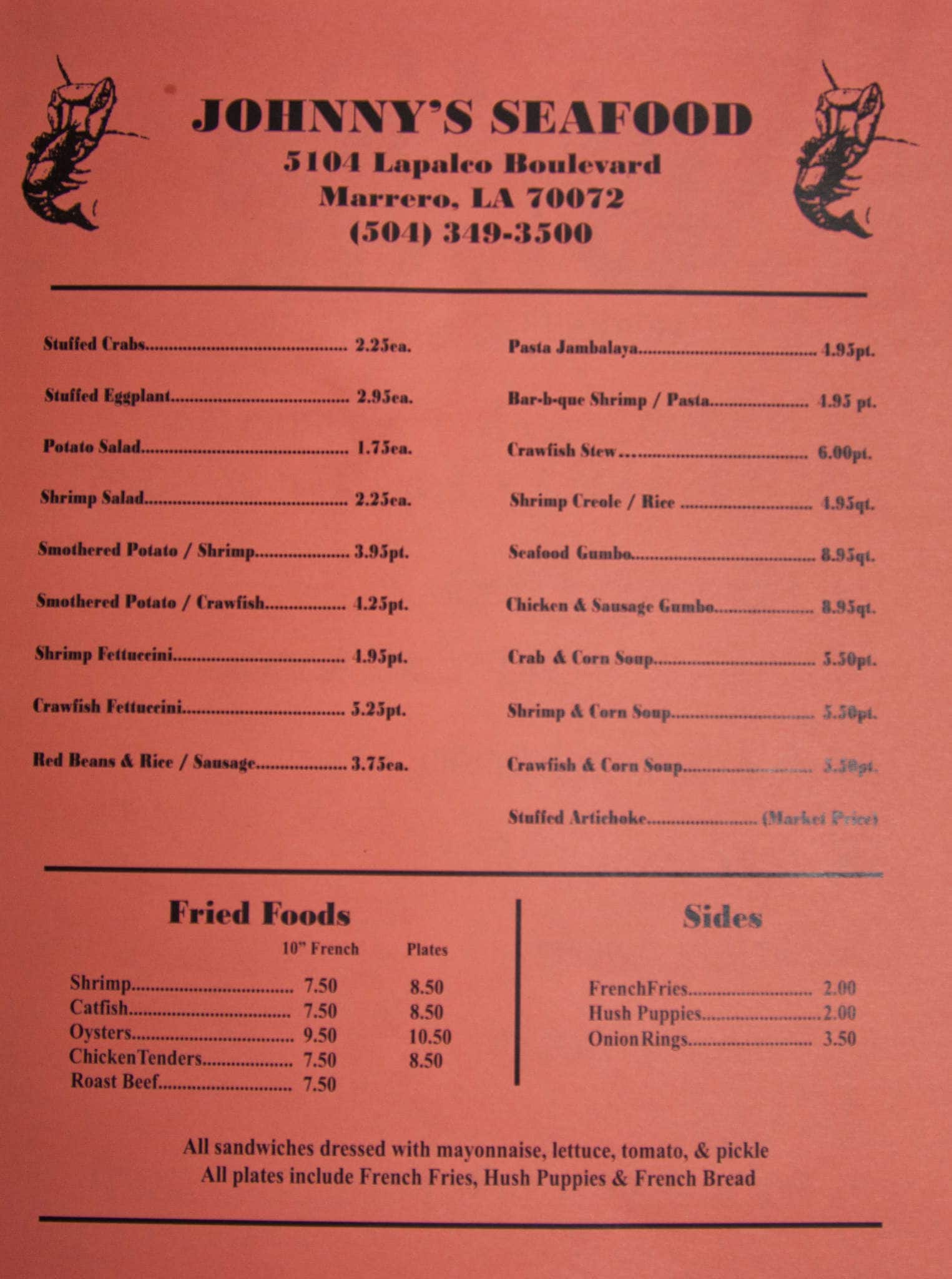 Johnny's Seafood Menu, Menu for Johnny's Seafood, Marrero, New Orleans