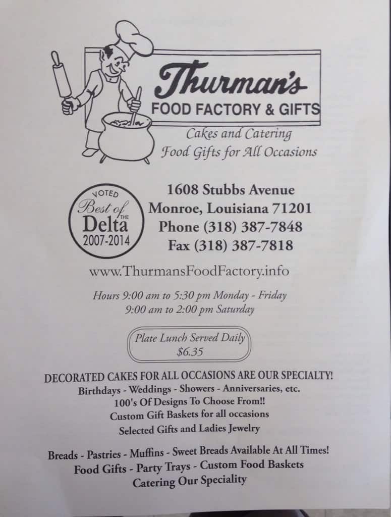 Menu at Thurman's Food Factory restaurant, Monroe