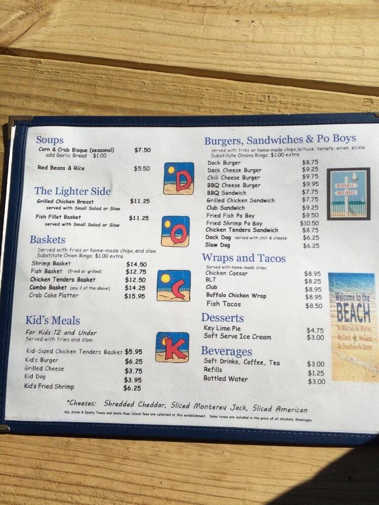 Menu at The Dock pub & bar, Pensacola Beach, 4 Casino Beach Boardwalk