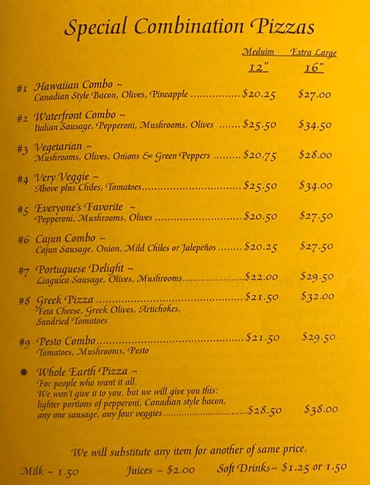Menu at Waterfront Pizza pizzeria, Port Townsend