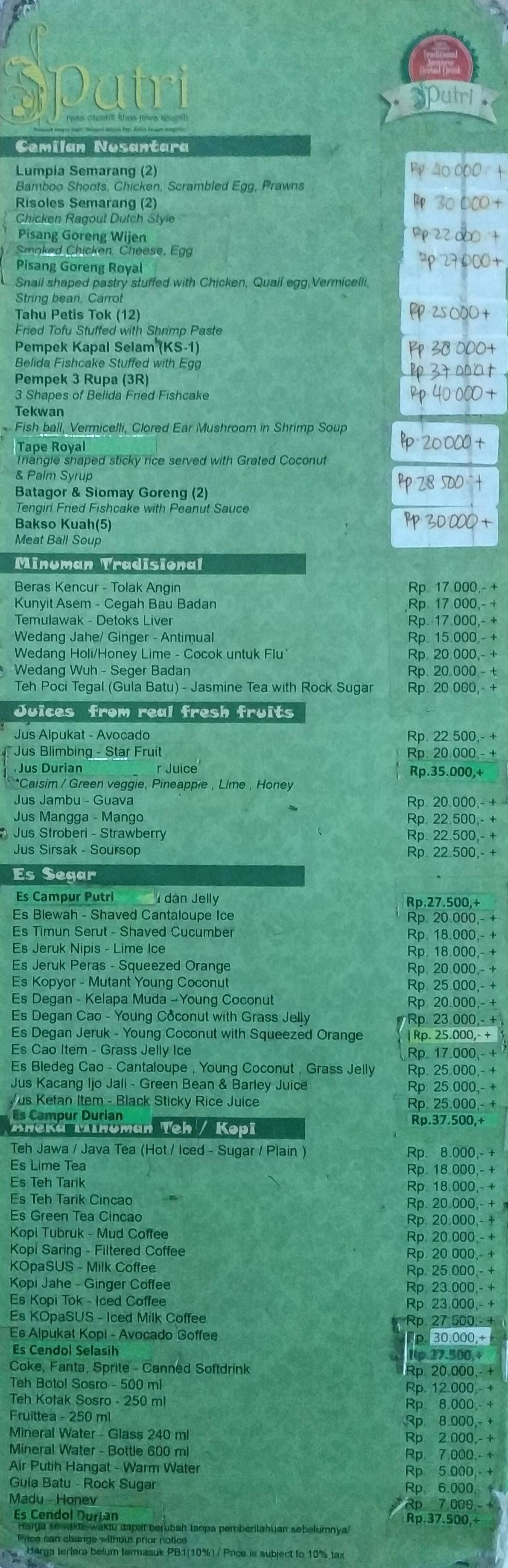 Menu at RM. Putri @Ciranjang21 - Kebayoran Baru, South Jakarta