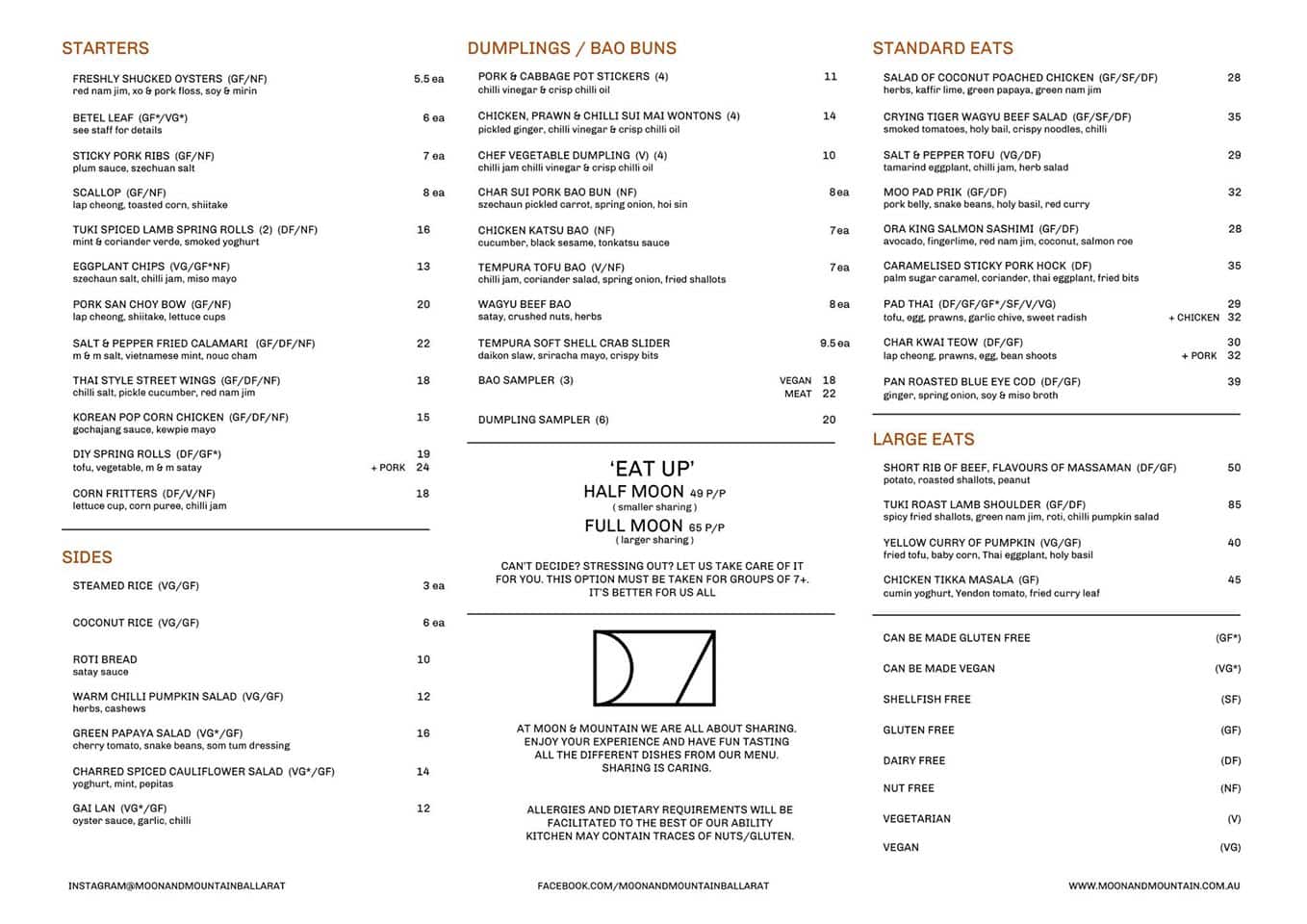 Menu at Moon & Mountain restaurant, Ballarat Central