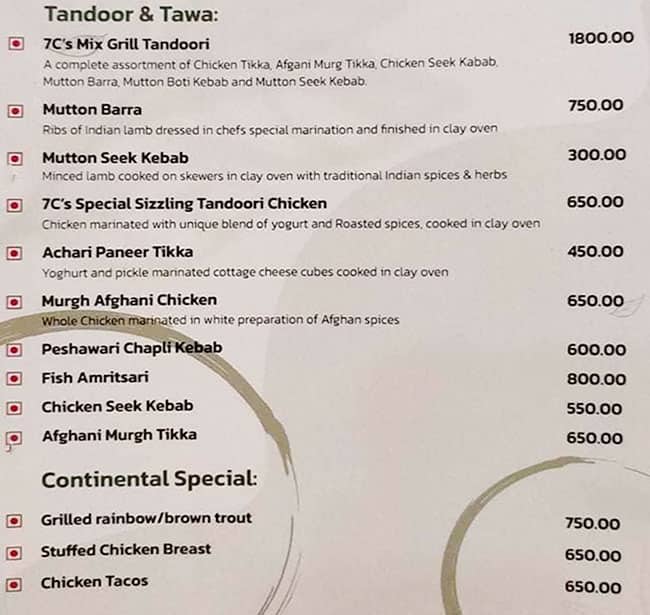 Menu at 7C’s Cafe N Fine Dine, Srinagar, Sangarmaal Mall