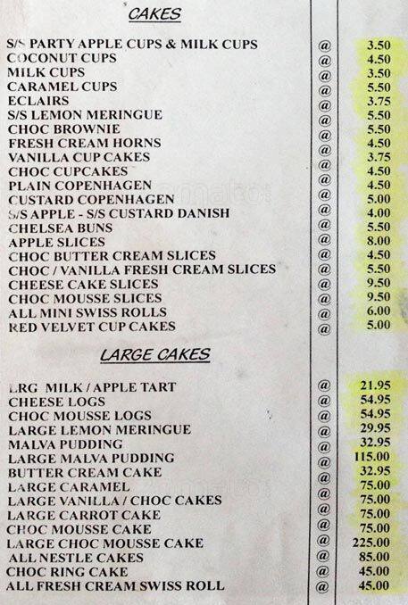 Menu at Quality Bake, Cape Town, Lower Klipfontein Road