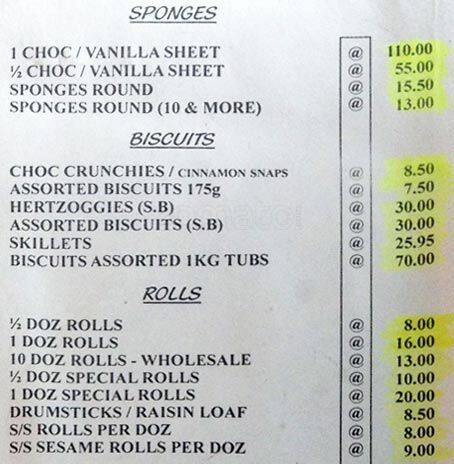 Menu at Quality Bake, Cape Town, Lower Klipfontein Road