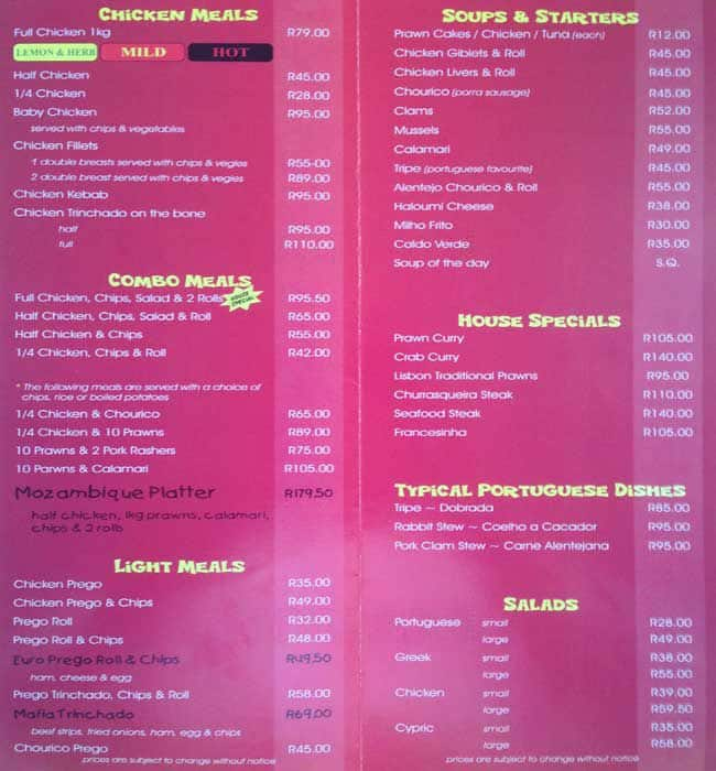 Menu at A Churrasqueira restaurant, New Redruth, 64 Hennie Alberts St