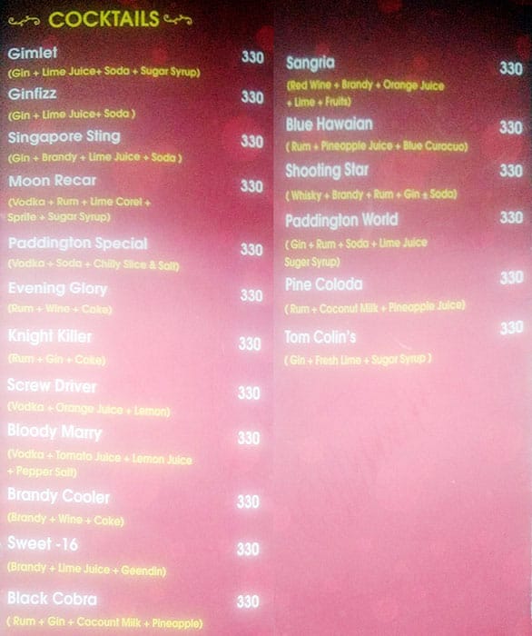 Menu at Paddington Sports Pub, Chennai