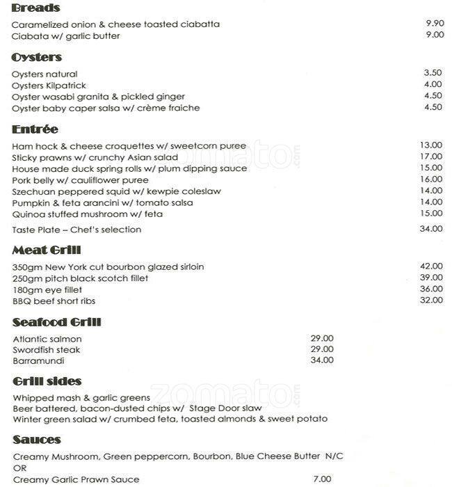 The Stage Door Menu, Menu for The Stage Door, Mandurah, Perth