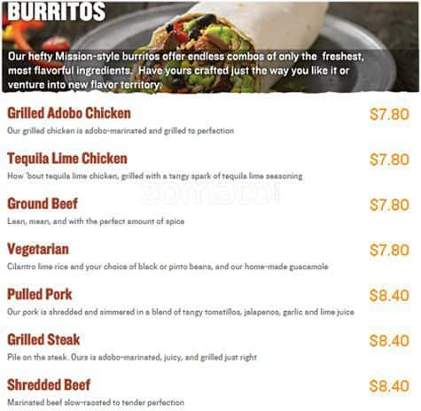 Menu at Qdoba fast food, Tukwila