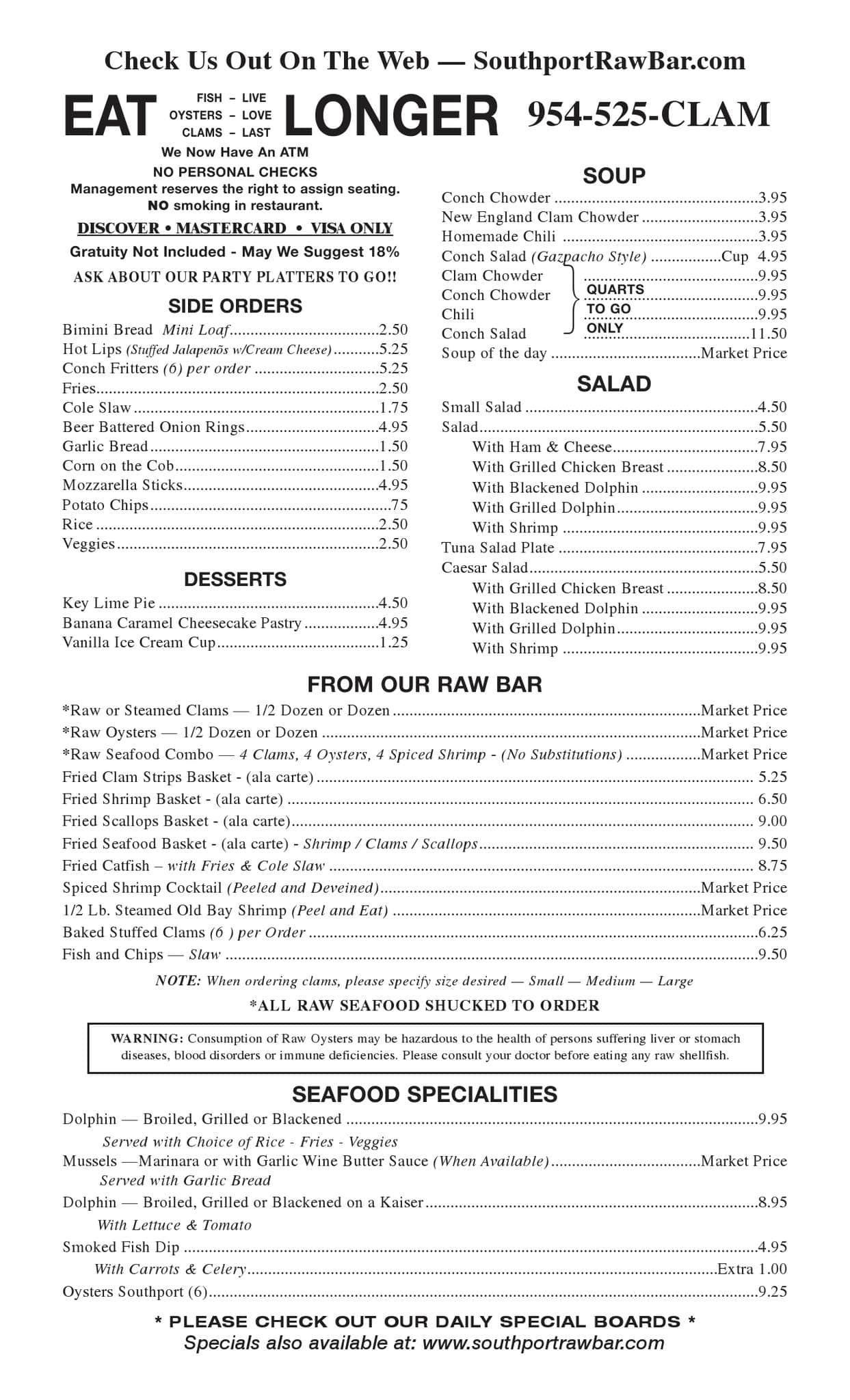 Southport Raw Bar menu, Menu restauracji Southport Raw Bar, Fort