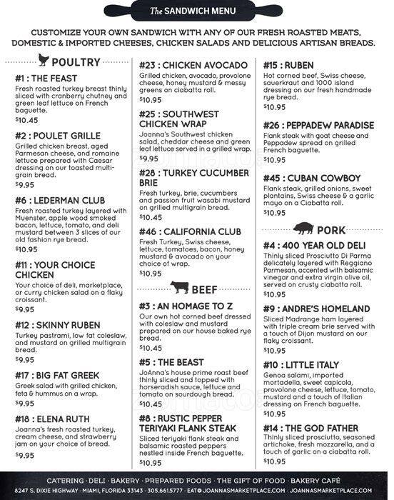 Menu at joanna's marketplace cafe, Miami
