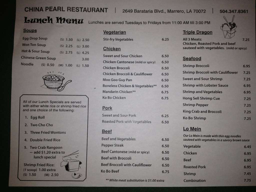 Menu At China Pearl Restaurant Marrero