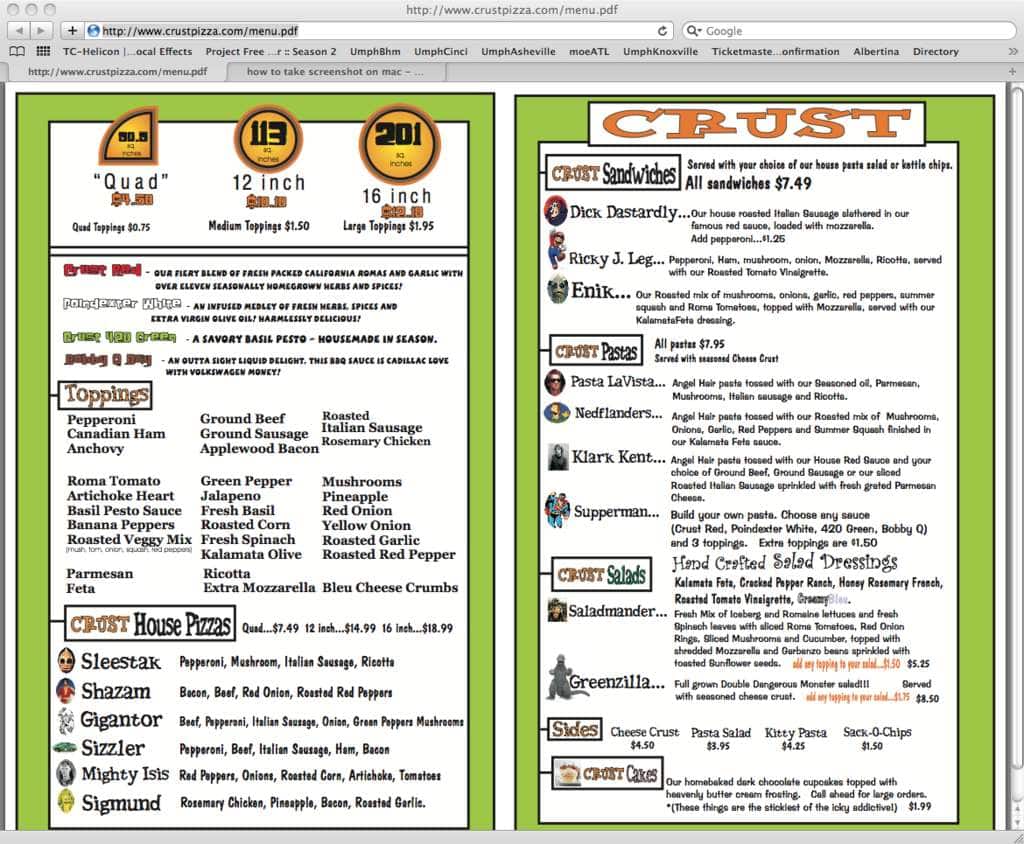 Crust Pizza Menu, Menu for Crust Pizza, Monteagle, Monteagle