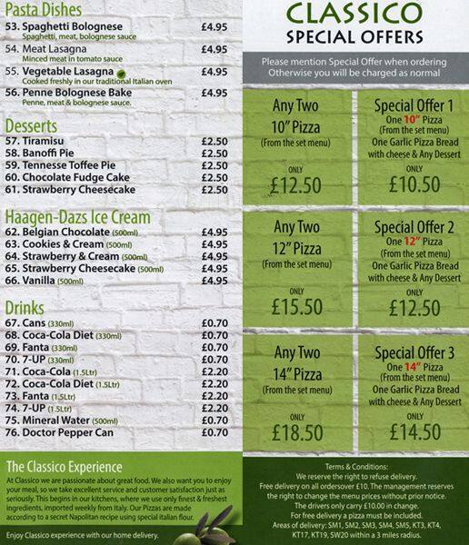Classico Pizza Sutton menu