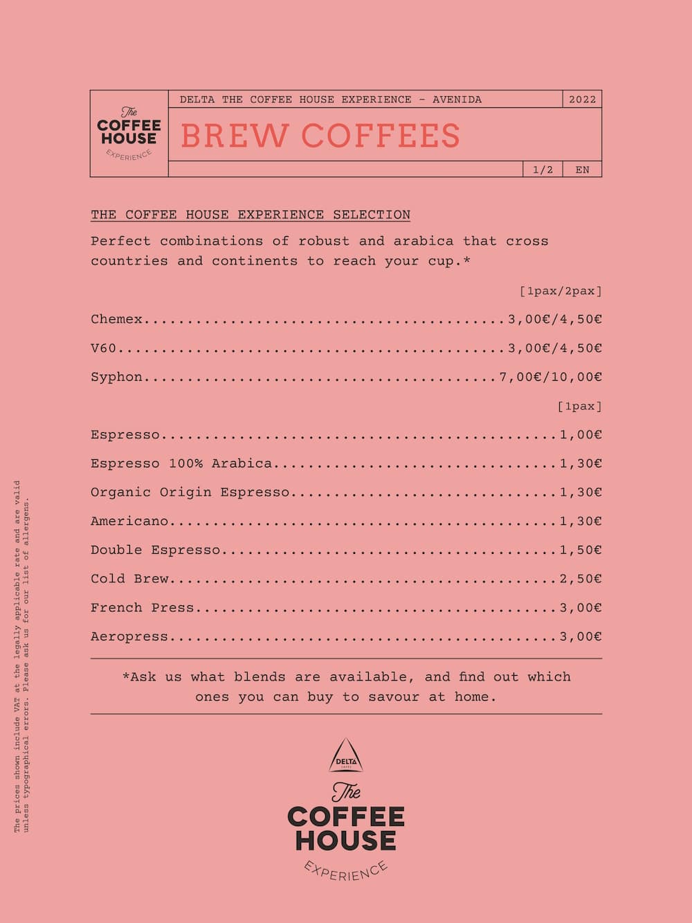 Menu em Delta The Coffee House Experience, Lisboa