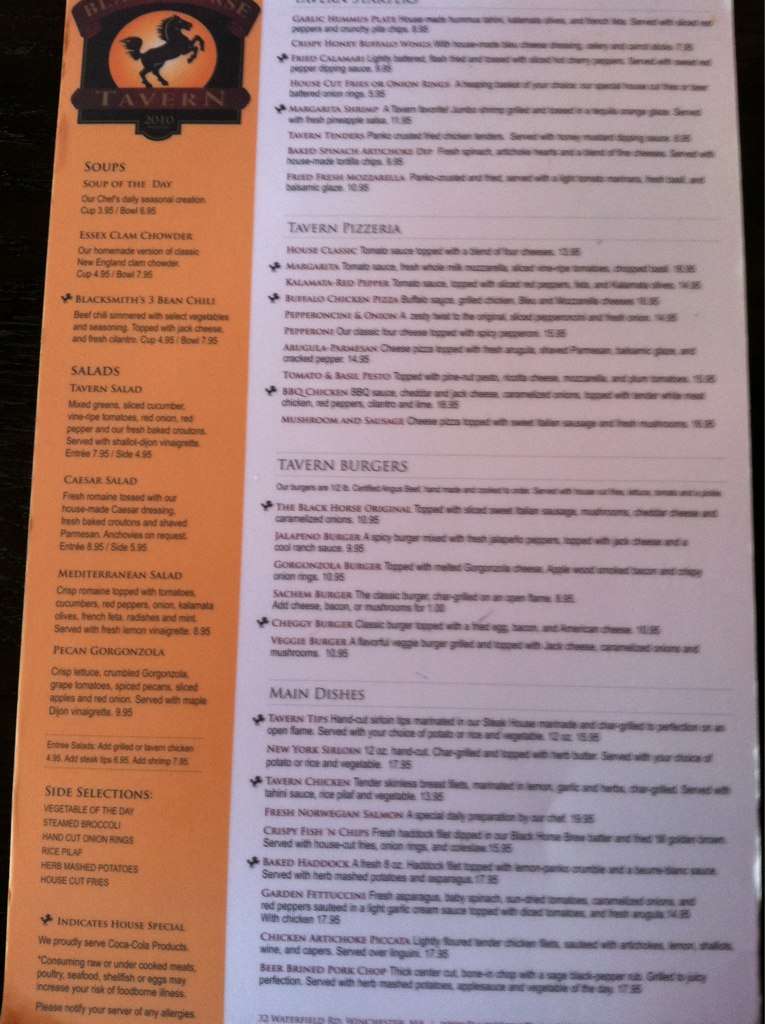 Black Horse Tavern Menu, Menu for Black Horse Tavern, Winchester