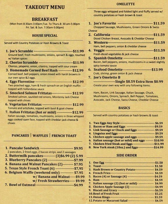 Big Joe's Cafe Menu, Menu for Big Joe's Cafe, Burlingame, Burlingame