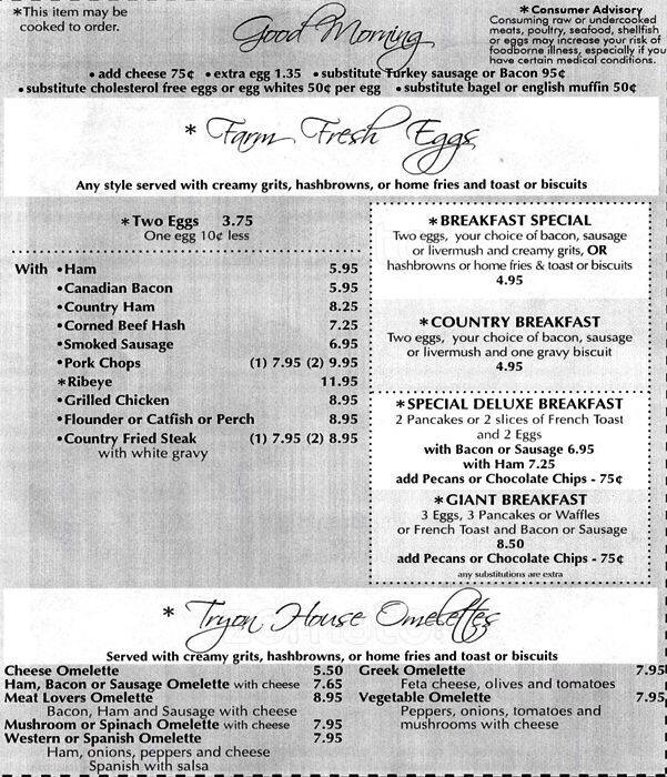 Menu at Tryon House Restaurant, Charlotte, 215 E Exmore St