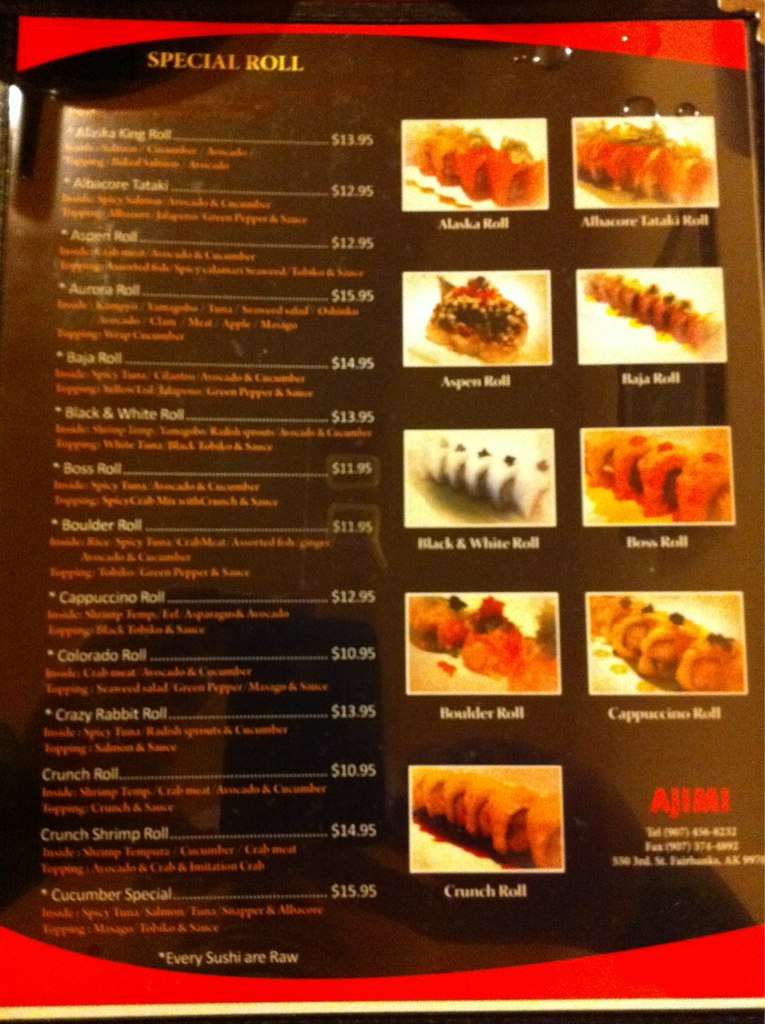 Menu at Ajimi restaurant, Fairbanks