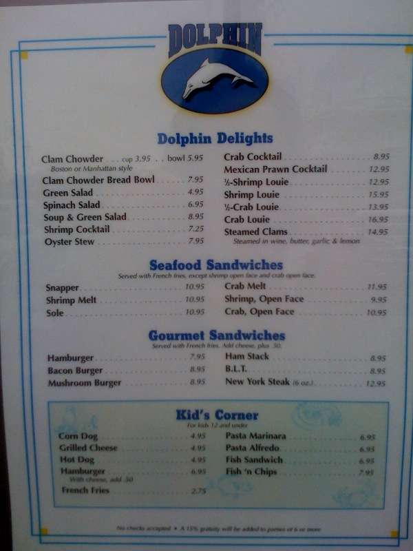 Menu at Dolphin restaurant, Santa Cruz