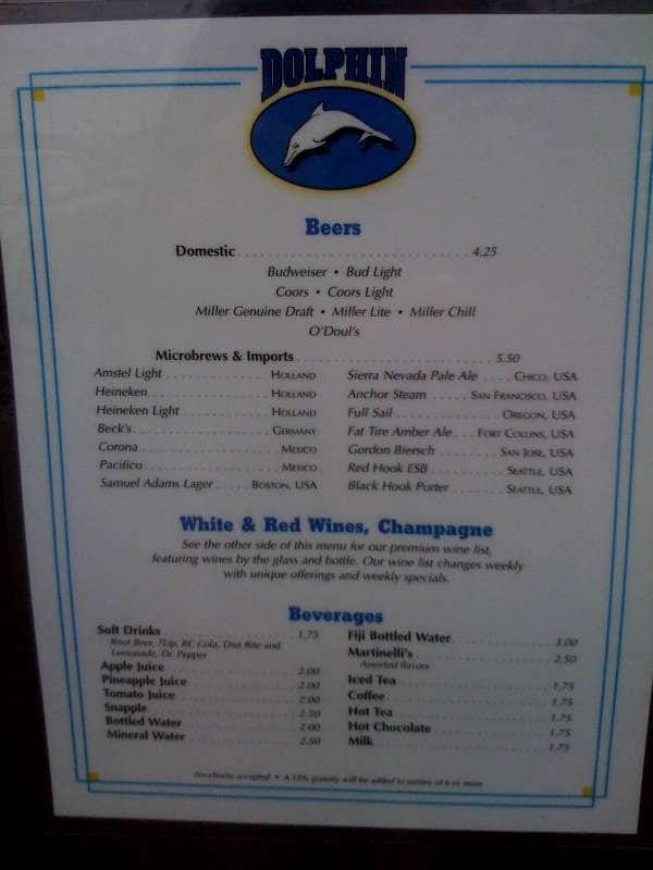 Menu at Dolphin restaurant, Santa Cruz