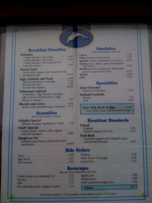 Menu at Dolphin restaurant, Santa Cruz