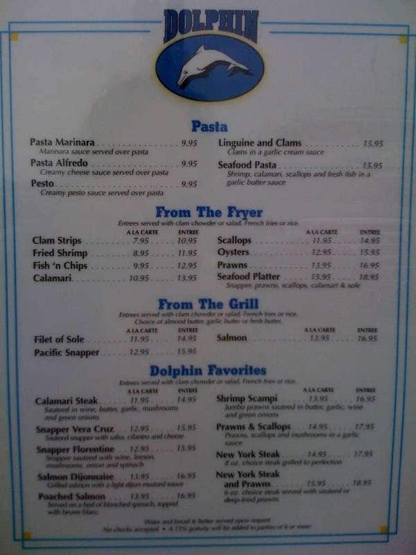 Menu at Dolphin restaurant, Santa Cruz