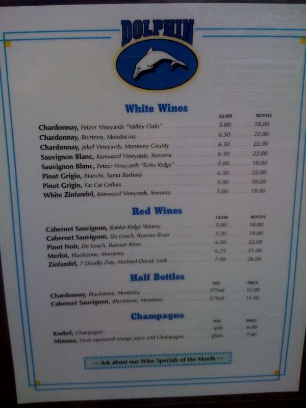 Menu at Dolphin restaurant, Santa Cruz